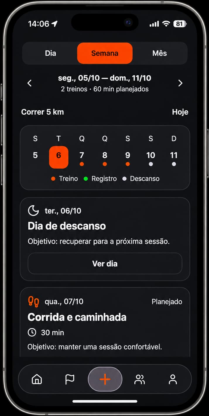 Pace Runn no iPhone: calendário semanal e planejamento de treinos